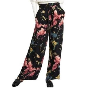 BCBG MAX AZRIA WOMENS FLORAL Paperbag Waist WIDE LEG PALAZZO PANTS Size Large‍‍‍